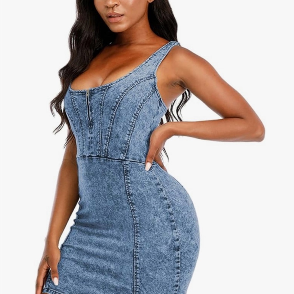 DYMADE Dress:

Women's Denim Dress Sexy V Neck Bodycon Sleeveless - Picture 3 of 4